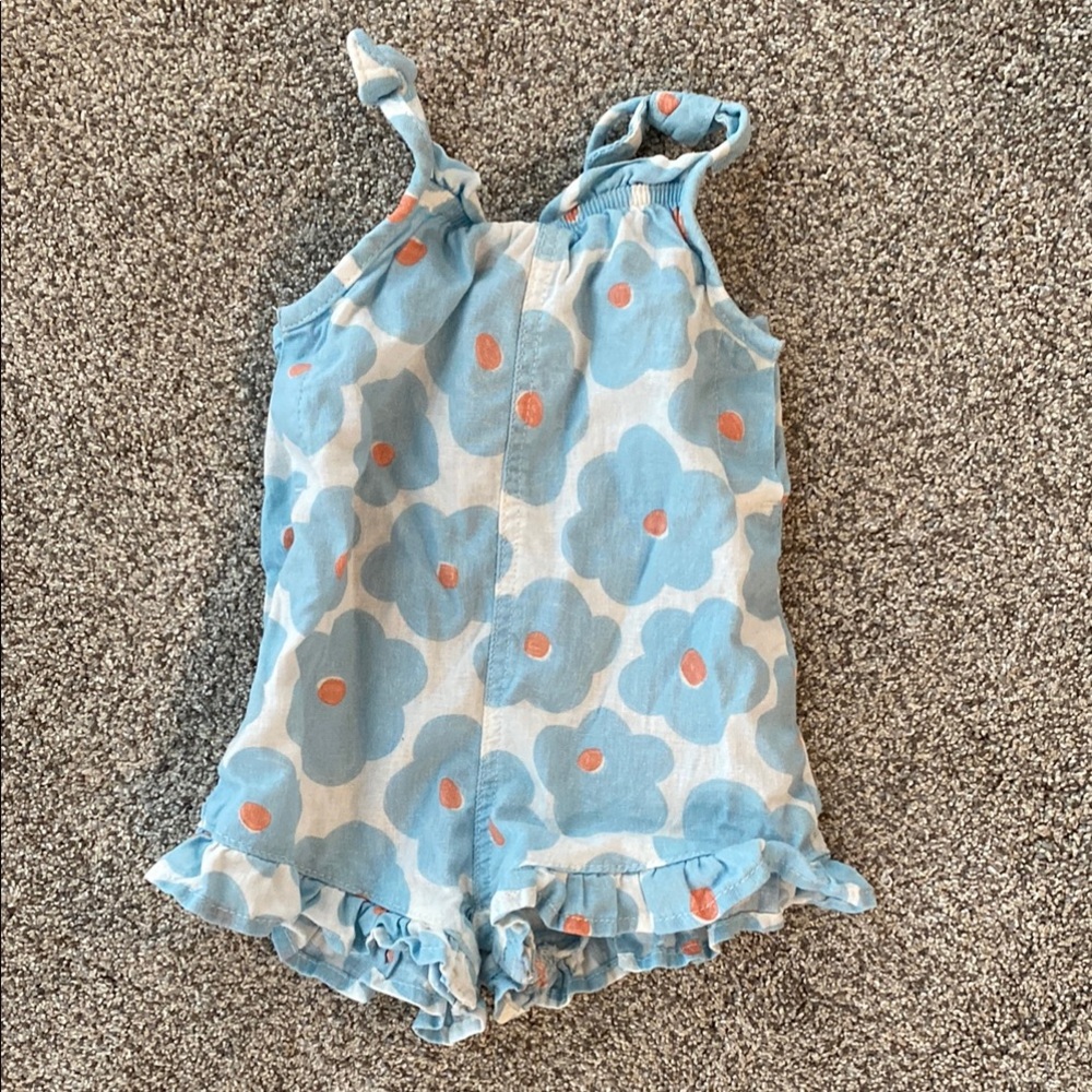 Blue Floral Romper with Ruffle Details